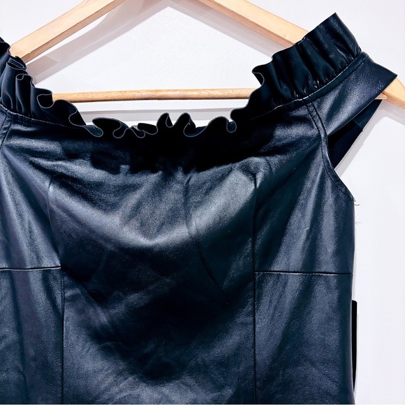 VENUS – Black faux leather off-shoulder mini dress with ruffle neckline * - Picture 3 of 6